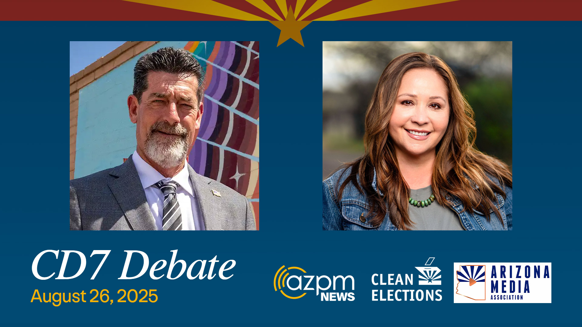 Republican Daniel Butierez (left) and Democrat Adelita Grijalva (right) will debate live from the AZPM studios on August 26, 2025. The candidates are running for Congressional District 7.
