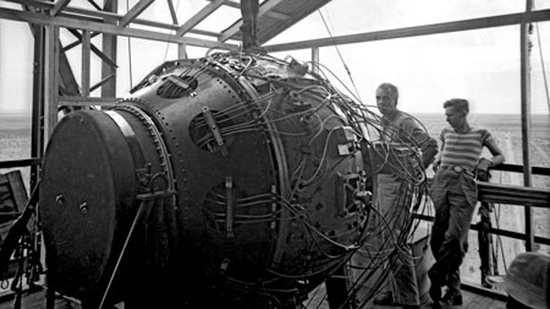 Trinity test bomb, atop its tower in the New Mexico desert